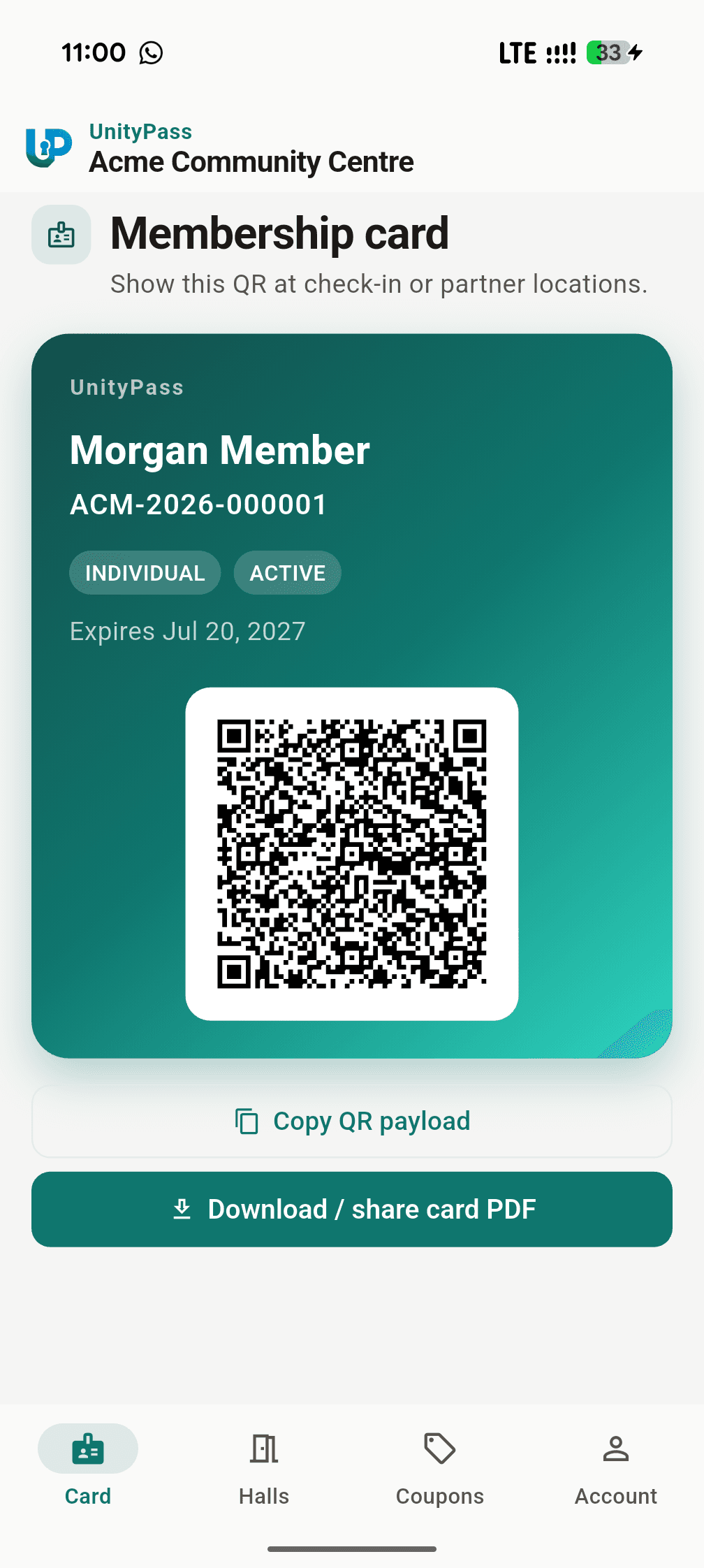 Digital membership card screenshot
